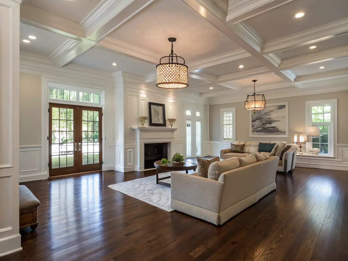 A beautifully installed hardwood floor in a modern living room, showcasing the quality and craftsmanship of Guthrie Home Repair's flooring services. The image should highlight the natural wood grain and seamless finish.