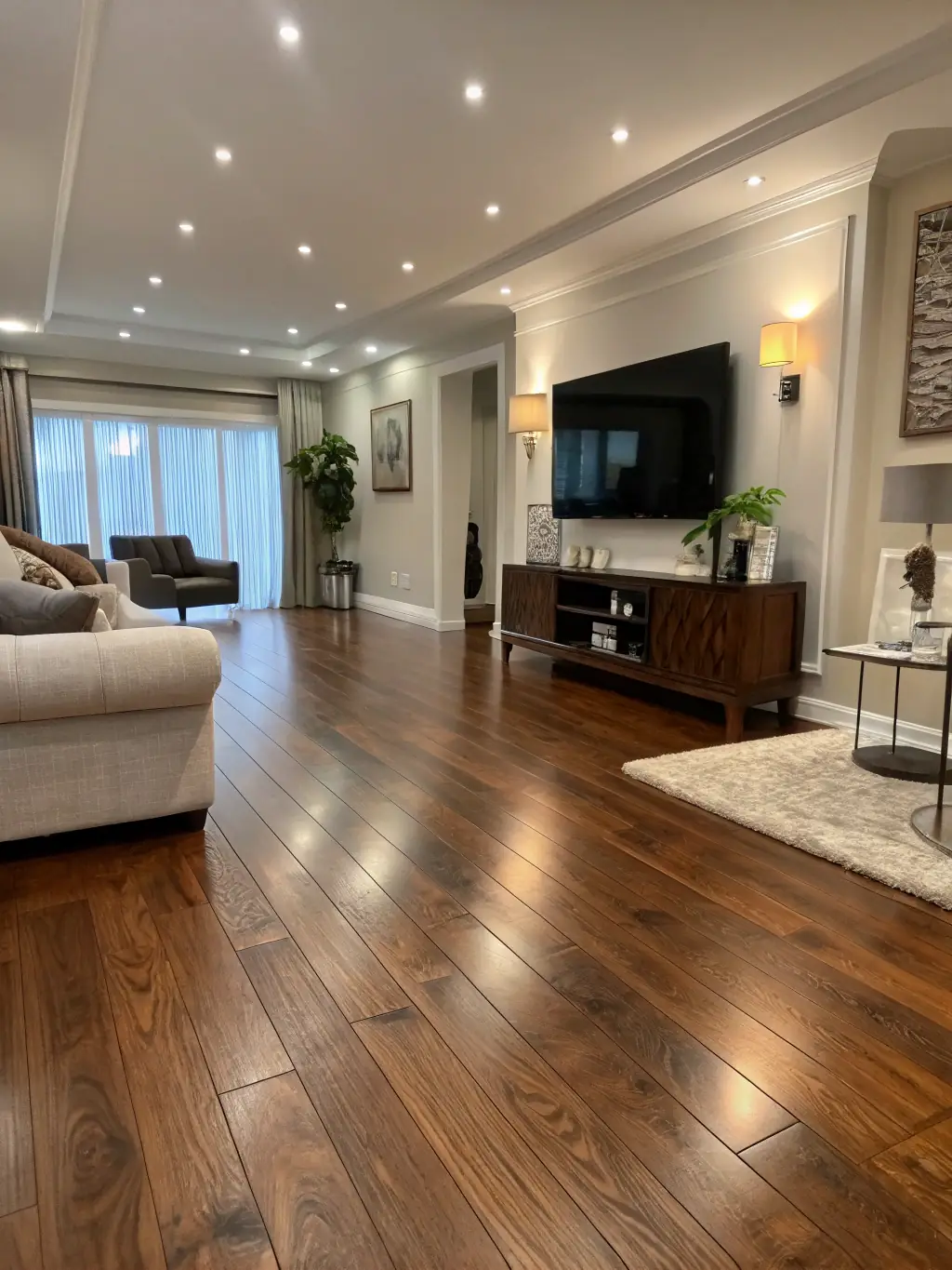 A newly installed hardwood floor in a living room, demonstrating the quality and craftsmanship of Guthrie Home Repair's flooring installation services. The room should look inviting and well-furnished.