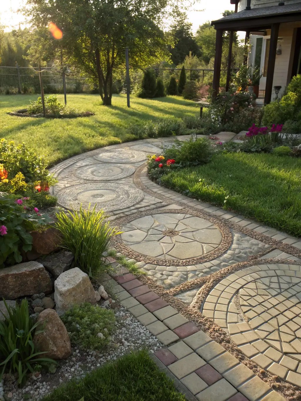 A well-manicured lawn and garden, showcasing the beauty and functionality of Guthrie Home Repair's landscaping services. The landscape should look lush and inviting.
